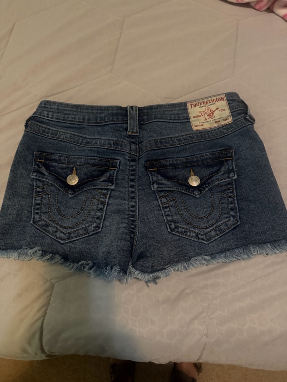 True Religion Women's Blue Frayed my Hem Denim Cutoff Shorts